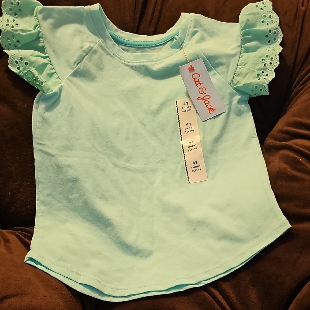 Cat & Jack Green Short Sleeve Tee with Ruffle Sleeves